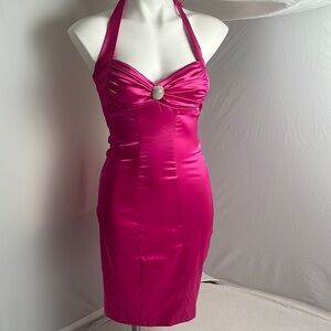 Mary L Couture hot pink magenta satin stretch bodycon party dress 6